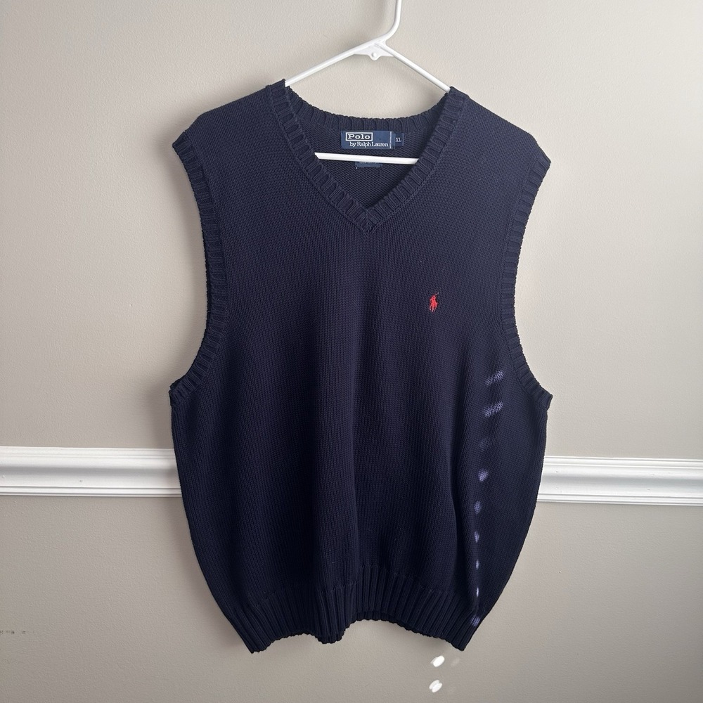 Vtg Polo Ralph Lauren Mens Sweater Vest XL Navy Blue Cotton Preppy Classic Retro